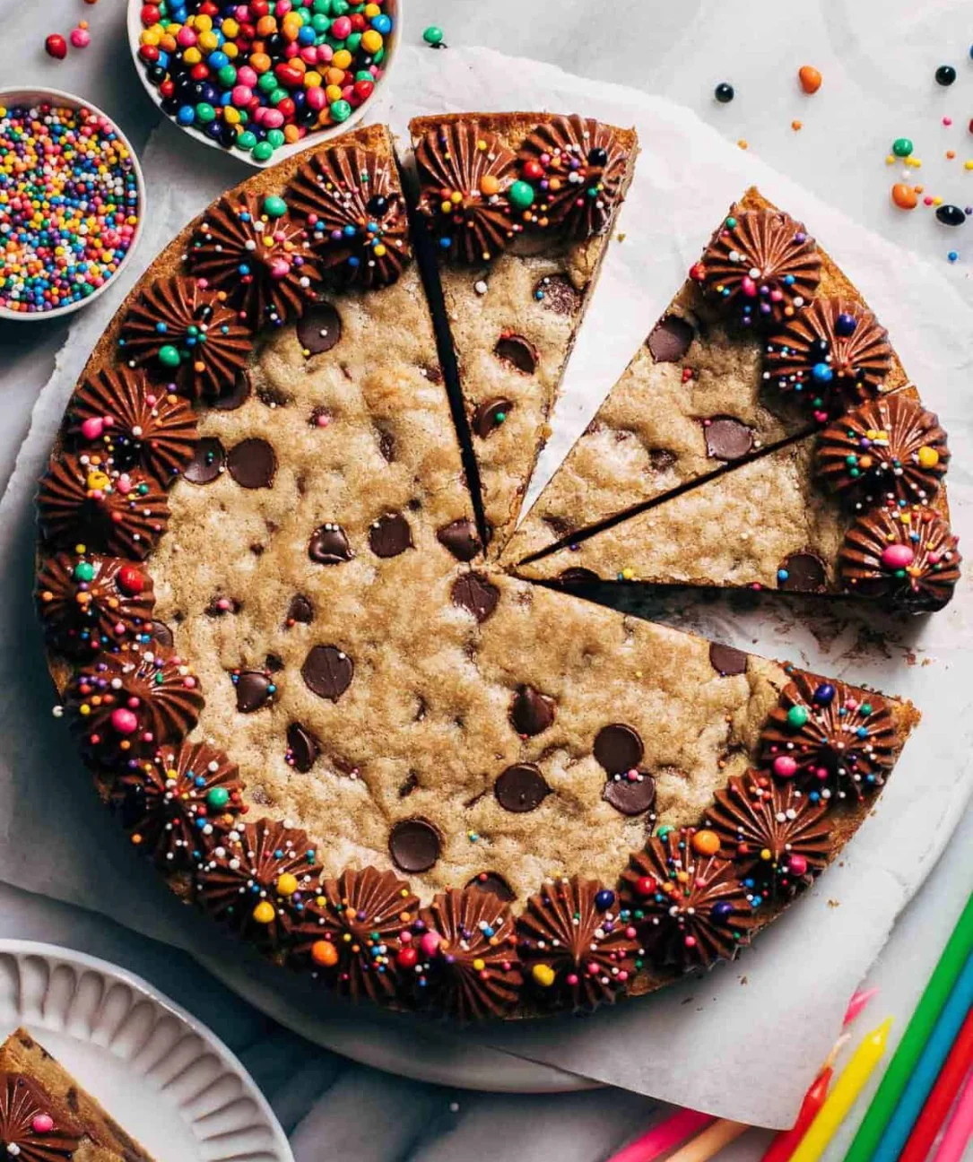 Delicious chocolate chip cookie cake with chocolate chips and a golden crust